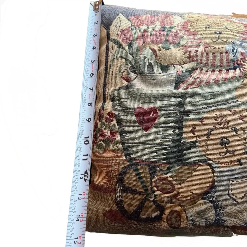 Vintage Teddy Bear Garden Tapestry Throw Pillow Accent Sunflowers 14x14 Green